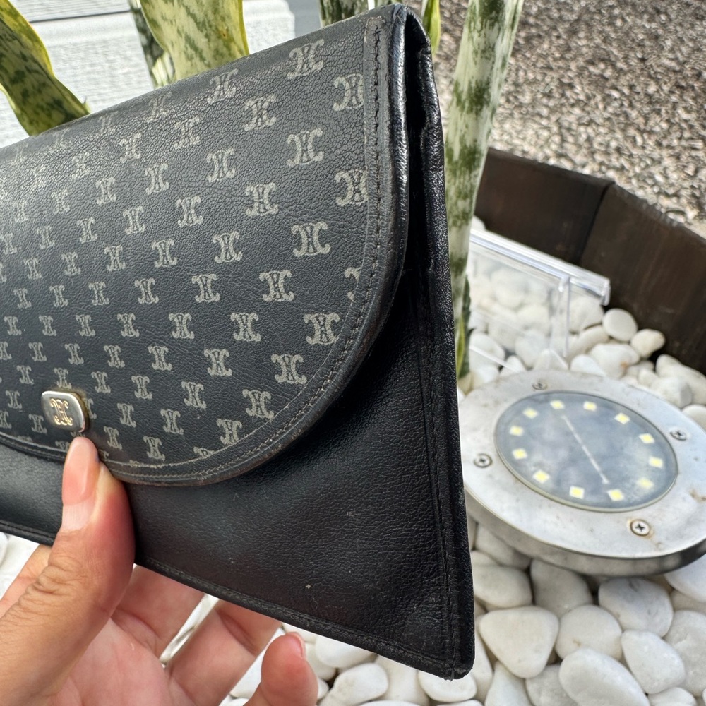 Celine Vintage Macadam Leather Long Wallet Black Envelope Style Flap Closure - Picture 5 of 13